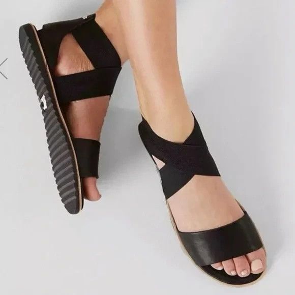 SOREL Ella Womens US 8 Black Leather Cross Strap Stretch Flat Sandals NL2893-010 - Picture 1 of 13